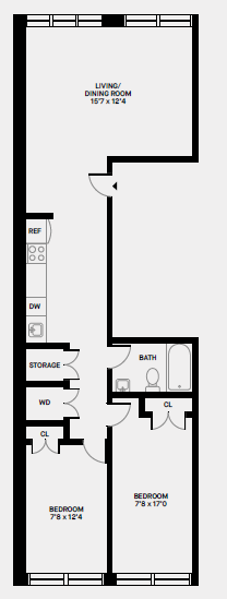 Floor plan for 2 beds, 1 bath